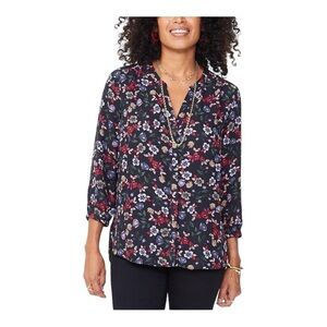 NYDJ Womens Floral Pleated Back Button-Down Top Black XS